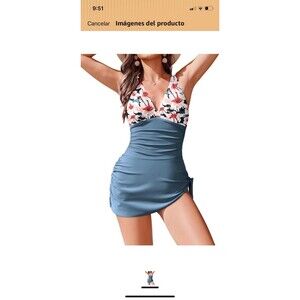 Ai'Mage Women's Blue Floral Swimdress Ruched Lined Wide Strap, Size S